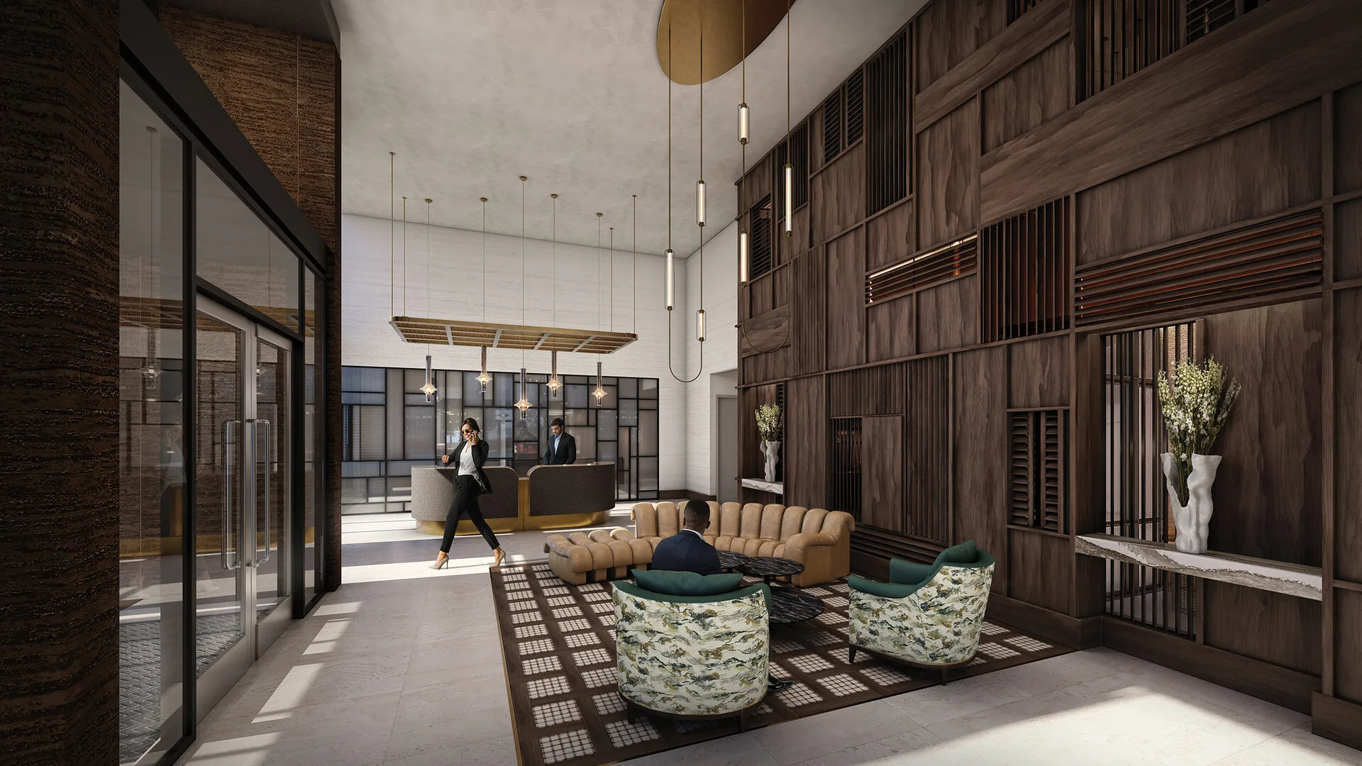 Rendering of Oro's high-ceilinged lobby with millwork feature wall and expansive lounge seating