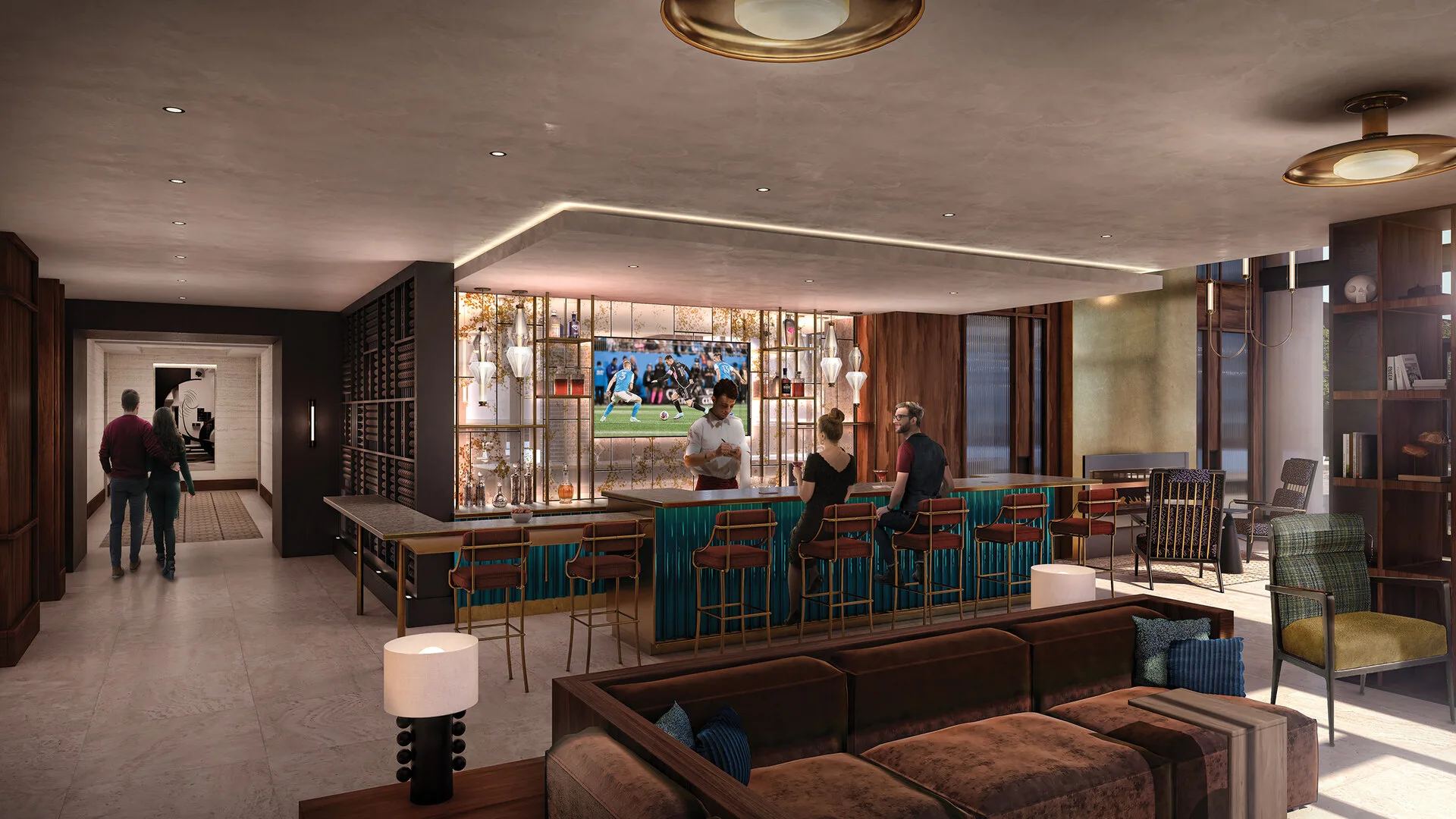 Rendering of an open, upscale lobby bar with varied seating