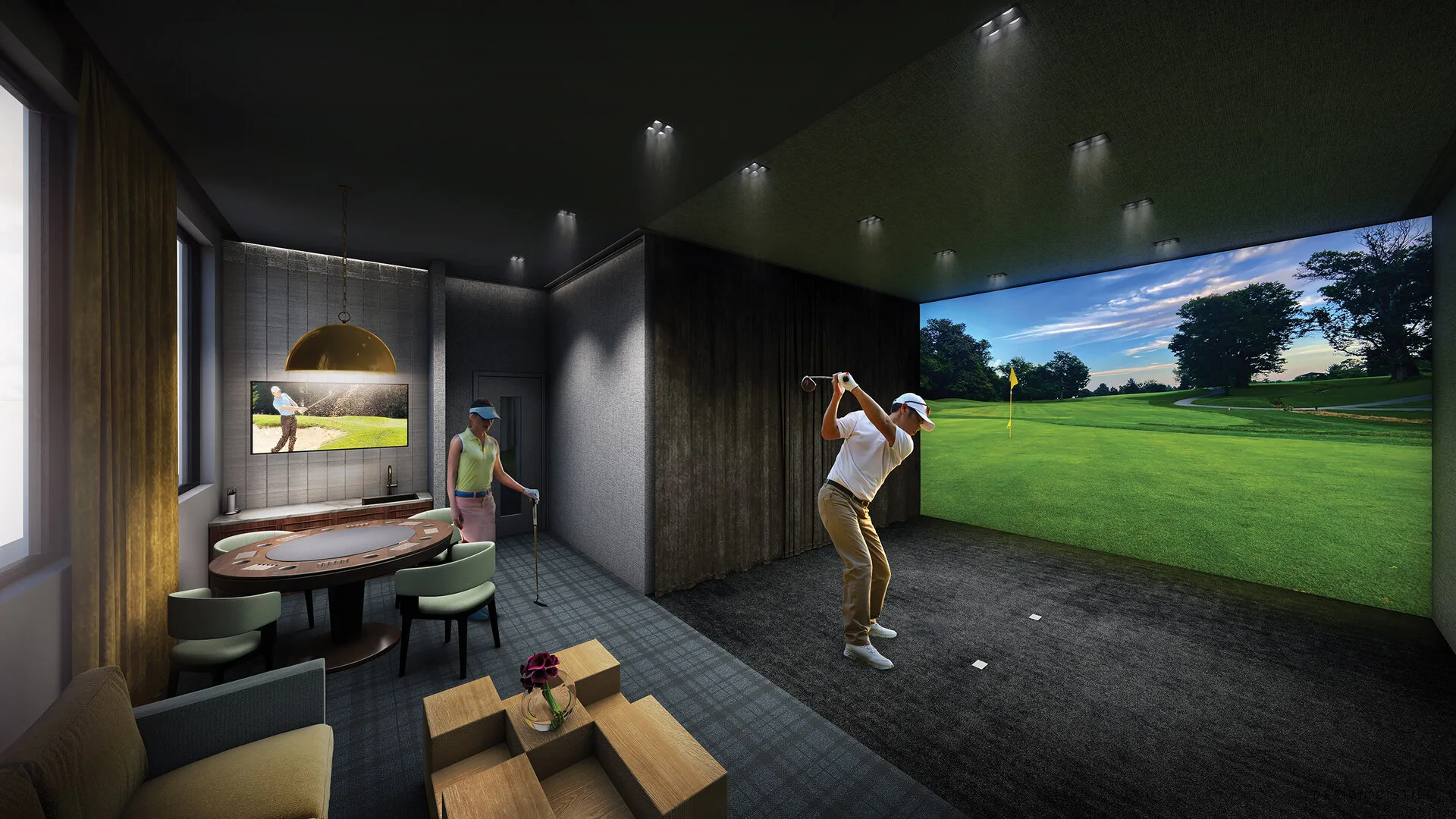 Rendering of couple working on their swing at the indoor golf simulator