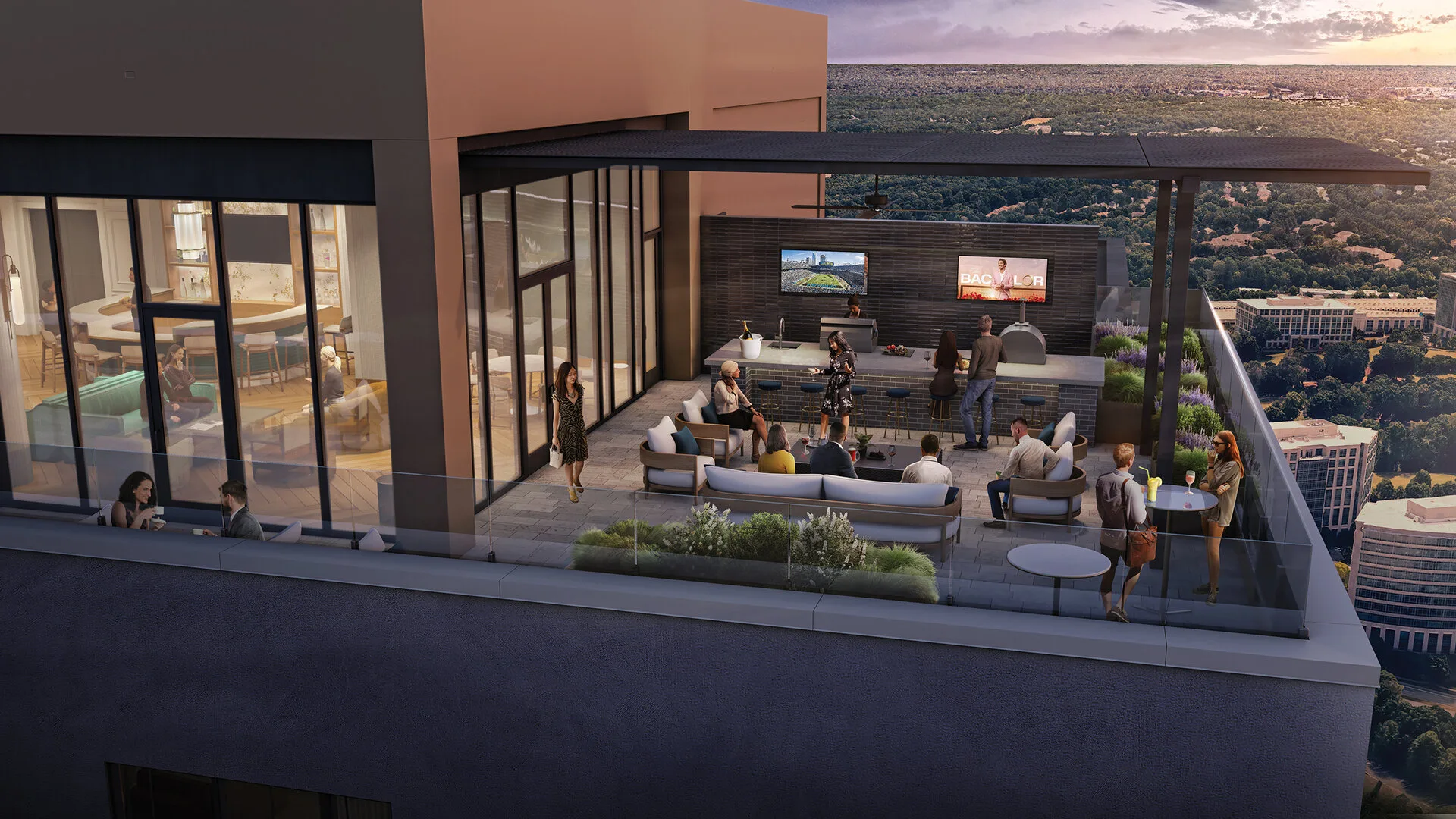 Rendering of Oro's rooftop sky lounge patio and bar with panoramic views