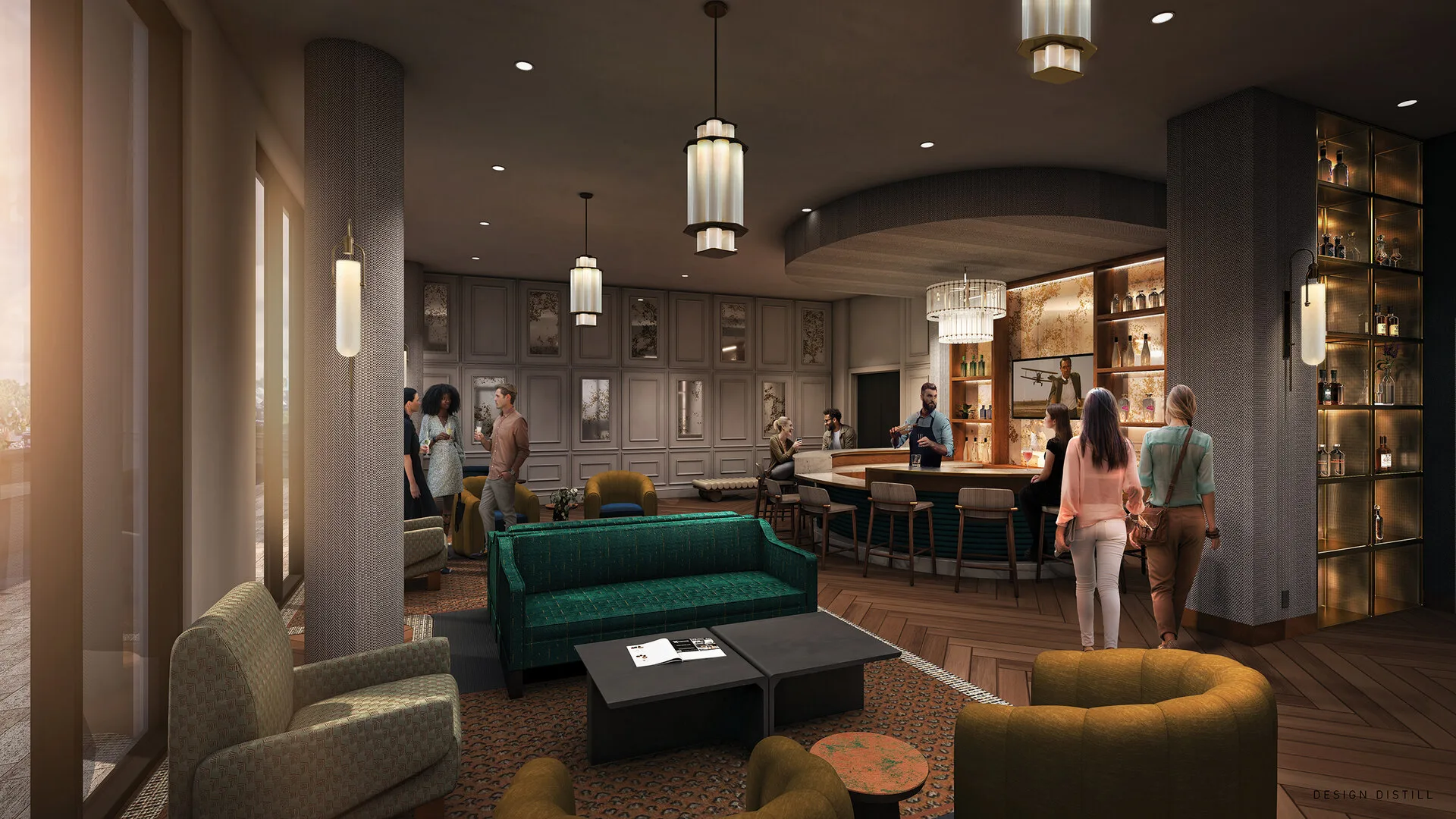 Rendering of inside Oro's sky lounge, with ornate bar and lounge areas