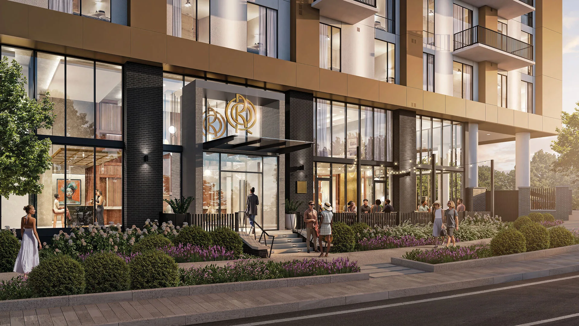 Rendering of grand street-level entry to Oro Ballantyne apartments