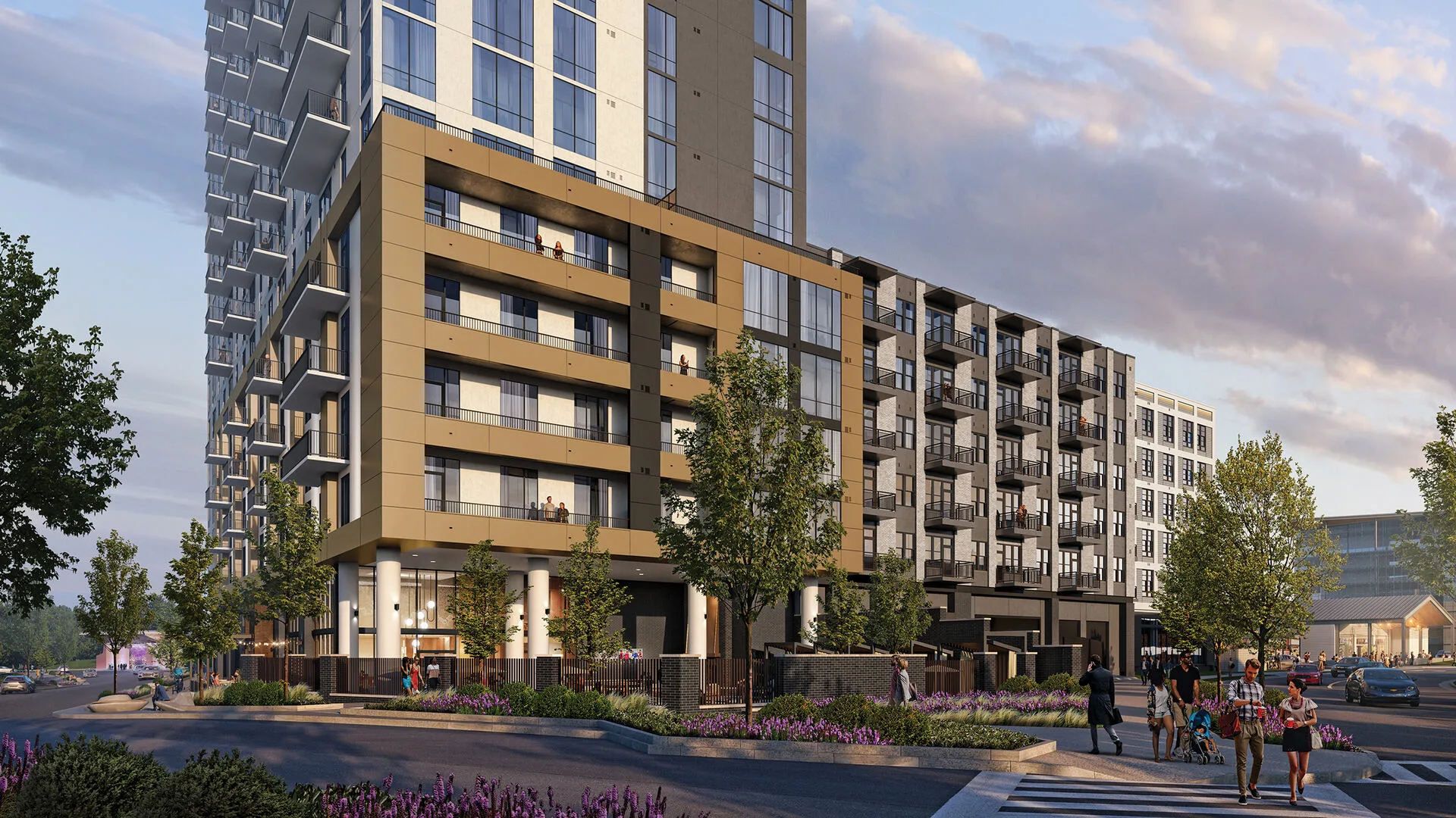 Rendering of corner view of Oro Ballantyne with pedestrians and landscaping