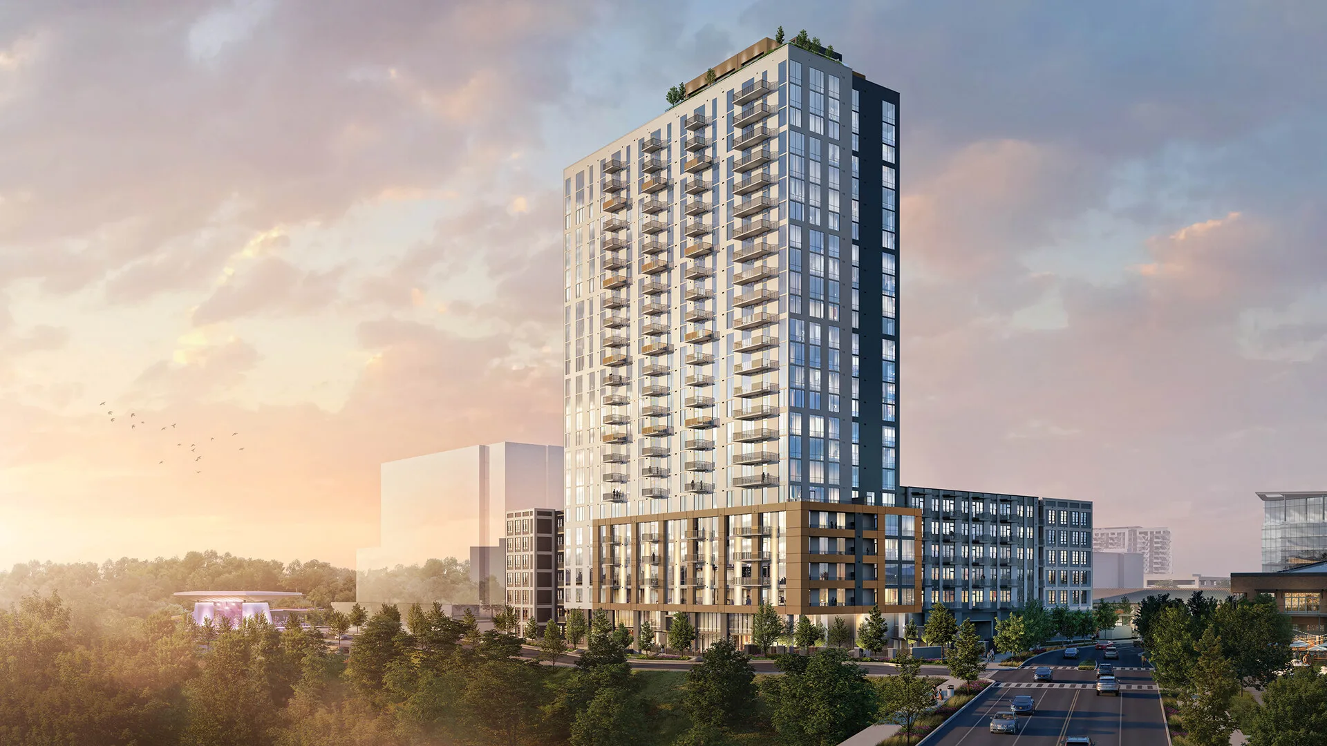 Rendering of the Oro Ballantyne high-rise's modern glass architecture