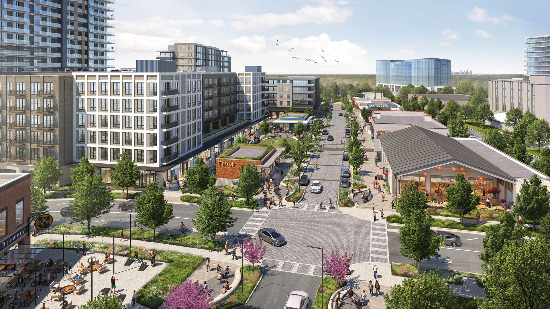 Aerial rendering of The Bowl and Oro Ballantyne with tree-lined retail