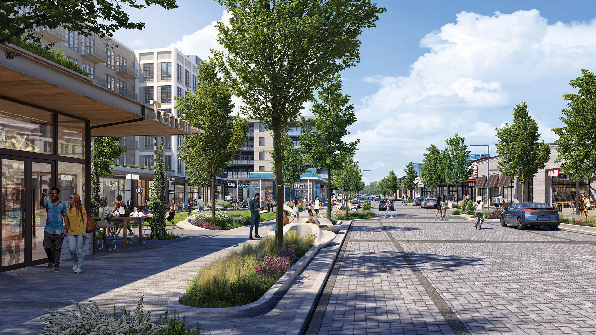 Rendering of The Bowl's street view with retail shops and lush landscaping